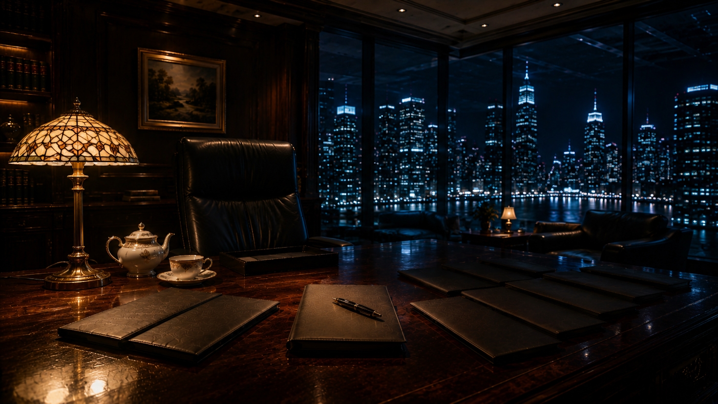 A corner executive office in dark mahogany panelling at night, lit warm on the left by a stained-glass Tiffany lamp beside a porcelain teapot and cup, where a spread of closed leather dossiers fans across a polished desk and one is squared up in the lamplight before an empty high-backed leather chair with a fountain pen resting on it as the chosen bet, the rest angled away into shadow, and cool blue light falls from floor-to-ceiling windows onto a night city skyline and waterfront beyond, a visual reframe of the few bets a chief executive draws from many and answers for, where a machine can lay out the options but only a human can choose (Image generated by ChatGPT 5.5) A corner executive office in dark mahogany panelling at night, lit warm on the left by a stained-glass Tiffany lamp beside a porcelain teapot and cup, where a spread of closed leather dossiers fans across a polished desk and one is squared up in the lamplight before an empty high-backed leather chair with a fountain pen resting on it as the chosen bet, the rest angled away into shadow, and cool blue light falls from floor-to-ceiling windows onto a night city skyline and waterfront beyond, a visual reframe of the few bets a chief executive draws from many and answers for, where a machine can lay out the options but only a human can choose (Image generated by ChatGPT 5.5)