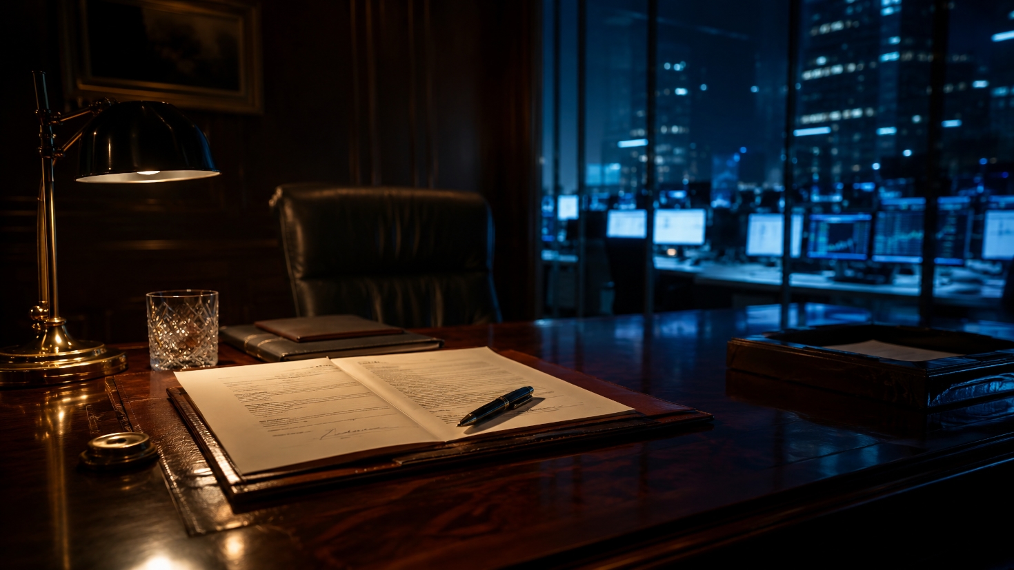 A CFO's desk at night in a dark wood-panelled office, lit warm on the left by a brass desk lamp where bound financial statements lie open with a fountain pen resting on a freshly signed final page, beside a crystal glass and a leather folder, and cool blue on the right through a floor-to-ceiling window onto a screen-filled finance operations floor, with an empty leather chair between them, a visual reframe of numbers a machine produces but a human still signs (Image generated by ChatGPT 5.4) A CFO's desk at night in a dark wood-panelled office, lit warm on the left by a brass desk lamp where bound financial statements lie open with a fountain pen resting on a freshly signed final page, beside a crystal glass and a leather folder, and cool blue on the right through a floor-to-ceiling window onto a screen-filled finance operations floor, with an empty leather chair between them, a visual reframe of numbers a machine produces but a human still signs (Image generated by ChatGPT 5.4)