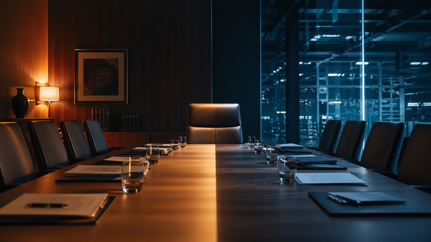 A long boardroom table running through two contrasting zones — a warm, lamp-lit traditional boardroom on one side and a cool, glass-walled view onto an operational technology environment on the other — with a single empty chair at the head positioned exactly at the seam, symbolising the chair's position between the Board's own work and the work the Board governs as both are remade by AI (Image generated by ChatGPT 5.4) A long boardroom table running through two contrasting zones — a warm, lamp-lit traditional boardroom on one side and a cool, glass-walled view onto an operational technology environment on the other — with a single empty chair at the head positioned exactly at the seam, symbolising the chair's position between the Board's own work and the work the Board governs as both are remade by AI (Image generated by ChatGPT 5.4)