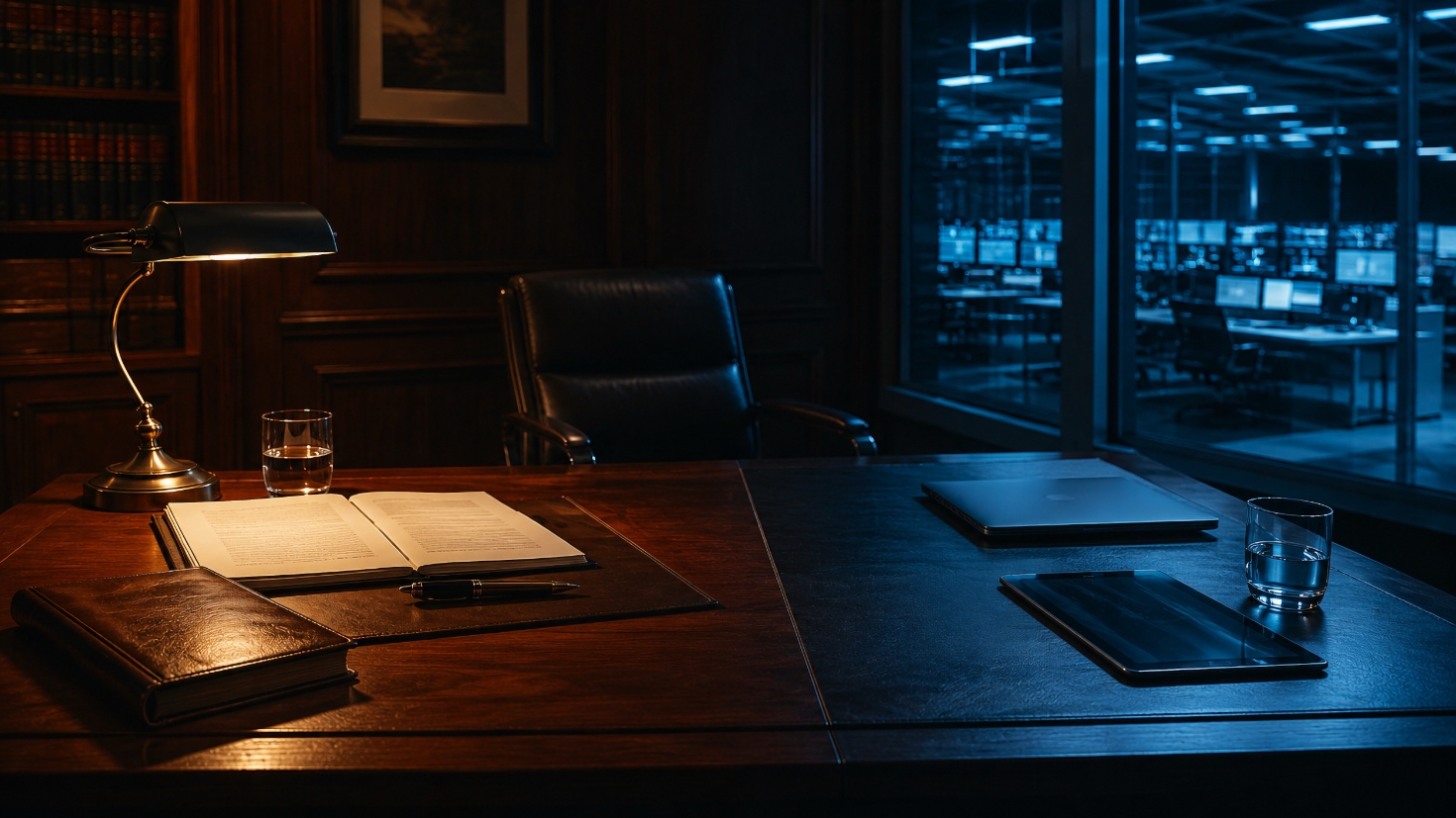 A traditional secretariat desk lit by warm lamplight with an open governance text and fountain pen on its left side and a closed laptop and tablet resting on the right, the desk itself positioned at the seam between the warm interior of a panelled office and a cool, glass-walled view onto an operations centre — a visual reframe of the company secretary's position between the Board's own work and the work the Board governs, both being remade by AI (Image generated by ChatGPT 5.4) A traditional secretariat desk lit by warm lamplight with an open governance text and fountain pen on its left side and a closed laptop and tablet resting on the right, the desk itself positioned at the seam between the warm interior of a panelled office and a cool, glass-walled view onto an operations centre — a visual reframe of the company secretary's position between the Board's own work and the work the Board governs, both being remade by AI (Image generated by ChatGPT 5.4)