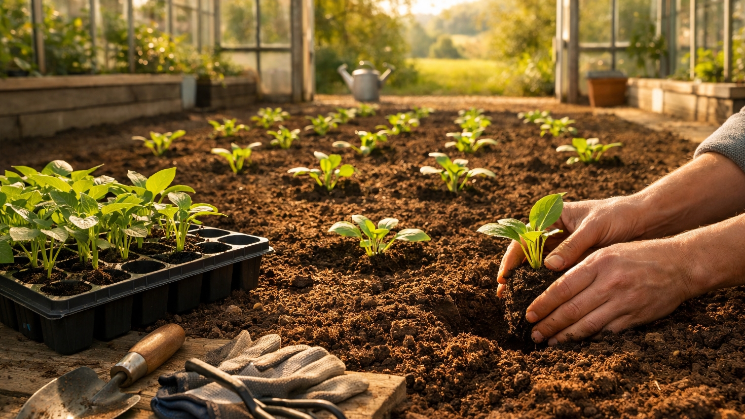 Hands carefully transplanting young seedlings into rich soil inside a sunlit greenhouse, with a black seedling tray of fresh plants, a wooden-handled trowel, and gardening gloves resting nearby on warm earth bathed in golden afternoon light. (Image generated by ChatGPT 5.2) Hands carefully transplanting young seedlings into rich soil inside a sunlit greenhouse, with a black seedling tray of fresh plants, a wooden-handled trowel, and gardening gloves resting nearby on warm earth bathed in golden afternoon light. (Image generated by ChatGPT 5.2)
