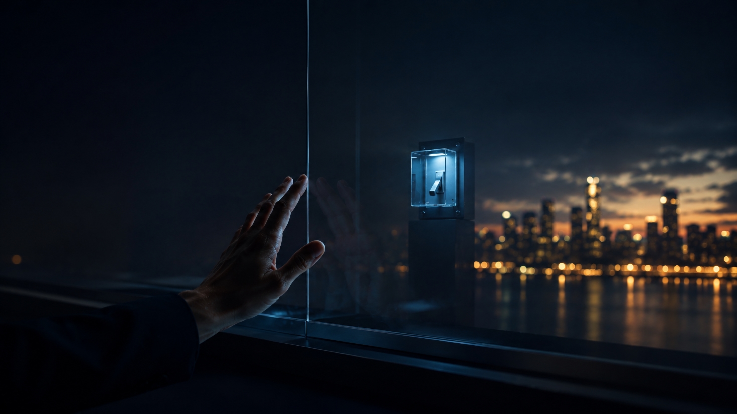 A human hand pressed flat against a dark glass barrier at night, reaching toward an illuminated toggle switch mounted in a glass housing on the far side of the glass, out of reach, with a warm-lit city skyline glowing across water beyond, a visual reframe of a control that is visible but held elsewhere, behind a barrier the hand cannot cross (Image generated by ChatGPT 5.4) A human hand pressed flat against a dark glass barrier at night, reaching toward an illuminated toggle switch mounted in a glass housing on the far side of the glass, out of reach, with a warm-lit city skyline glowing across water beyond, a visual reframe of a control that is visible but held elsewhere, behind a barrier the hand cannot cross (Image generated by ChatGPT 5.4)