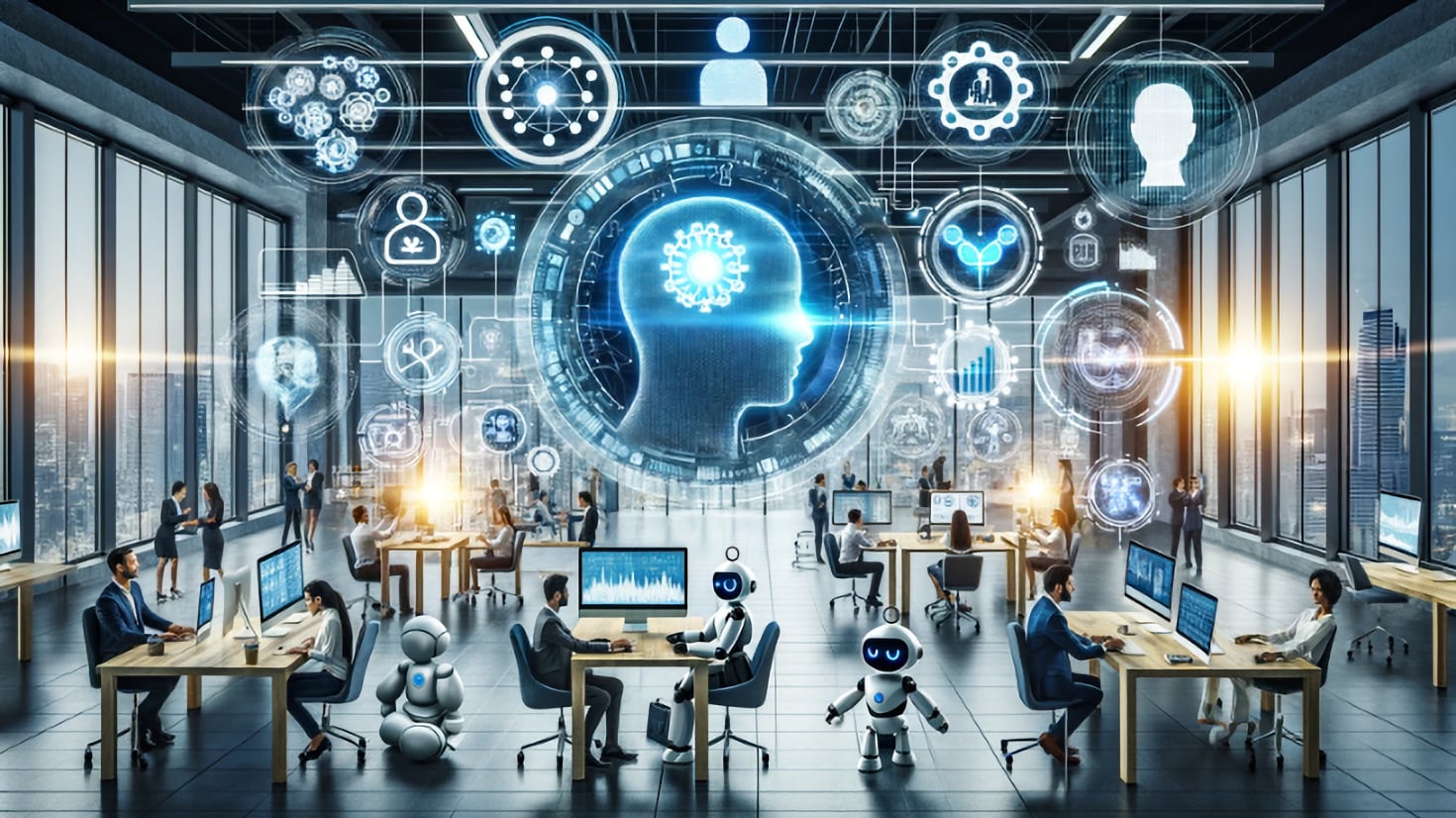 Modern office with AI technologies: holographic charts, chatbots, neural networks, robots, cameras, digital brains, pricing models, and digital art tools. Diverse professionals collaborate in a high-tech, futuristic setting (Image generated by ChatGPT 4o). Modern office with AI technologies: holographic charts, chatbots, neural networks, robots, cameras, digital brains, pricing models, and digital art tools. Diverse professionals collaborate in a high-tech, futuristic setting (Image generated by ChatGPT 4o).