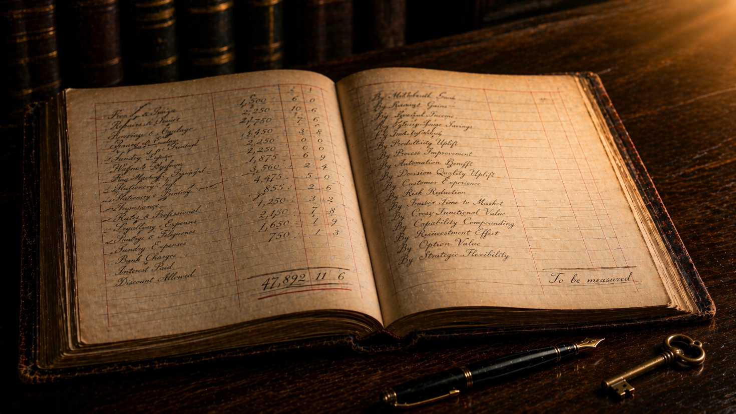 An editorial still-life photograph of an open antique accounting ledger on a dark wooden desk, lit by warm cinematic light from the upper right. The left-hand page is dense with handwritten entries and completes with an underlined subtotal; the right-hand page shows the same columnar structure with entries in the Particulars column but the value columns empty, and the phrase 'To be measured' handwritten at the bottom where a subtotal figure would normally sit. A fountain pen and a small brass key rest beside the ledger. A visual metaphor for the argument that the finance function's conventional ledger records what AI investment costs but does not yet have the instruments to measure what it produces. (Image generated by ChatGPT 5.4) An editorial still-life photograph of an open antique accounting ledger on a dark wooden desk, lit by warm cinematic light from the upper right. The left-hand page is dense with handwritten entries and completes with an underlined subtotal; the right-hand page shows the same columnar structure with entries in the Particulars column but the value columns empty, and the phrase 'To be measured' handwritten at the bottom where a subtotal figure would normally sit. A fountain pen and a small brass key rest beside the ledger. A visual metaphor for the argument that the finance function's conventional ledger records what AI investment costs but does not yet have the instruments to measure what it produces. (Image generated by ChatGPT 5.4)