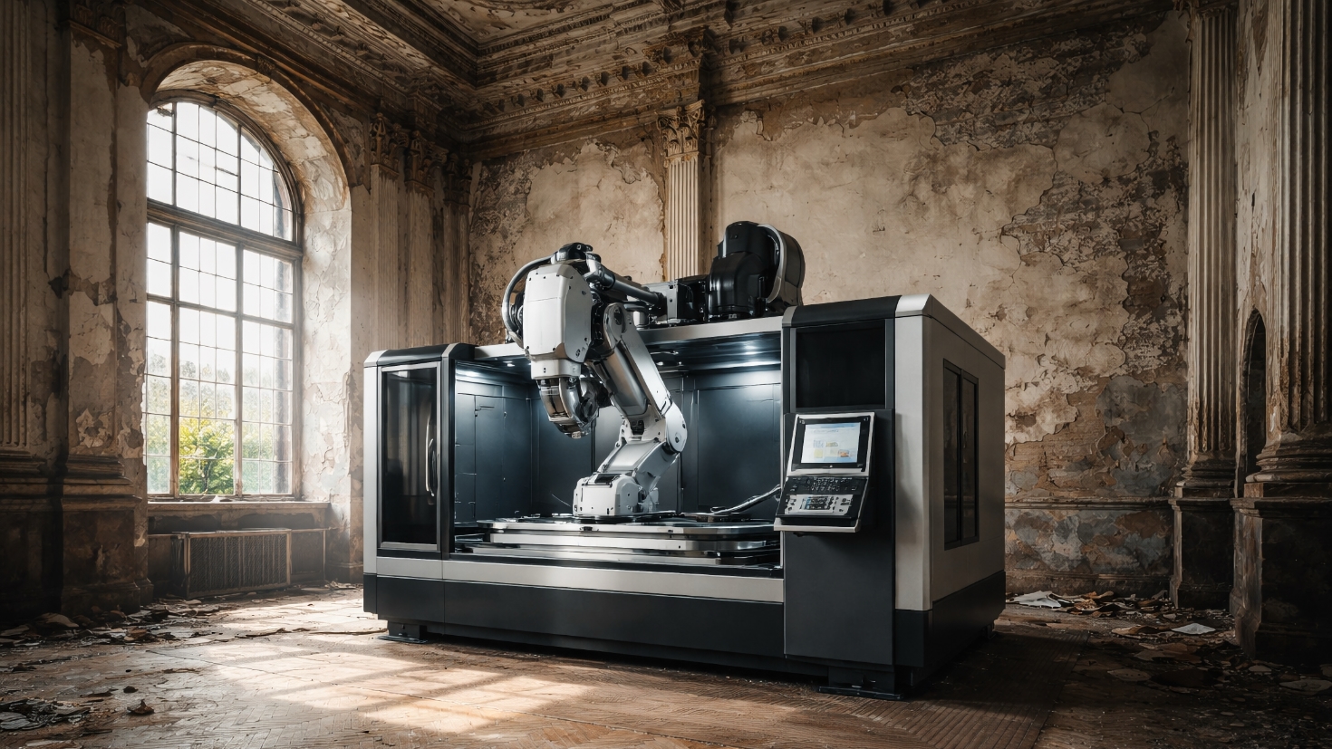 State-of-the-art industrial robotic machinery installed in a grand but structurally compromised room with crumbling ornate plaster walls, peeling paint, arched windows letting in natural light, and debris scattered across a deteriorating parquet floor—a visual metaphor for investing in advanced AI capabilities without addressing underlying data quality foundations (Image generated by ChatGPT 5.2) State-of-the-art industrial robotic machinery installed in a grand but structurally compromised room with crumbling ornate plaster walls, peeling paint, arched windows letting in natural light, and debris scattered across a deteriorating parquet floor—a visual metaphor for investing in advanced AI capabilities without addressing underlying data quality foundations (Image generated by ChatGPT 5.2)