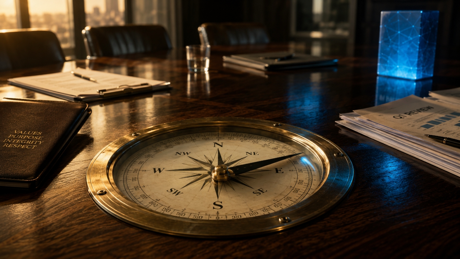 A brass compass set into a boardroom table, its needle pulled away from true north toward a glowing blue device, while a leather folder marked Values, Purpose, Integrity, Respect rests at the table's edge — a visual reframe of an organisation's values deflected off course by a standard built into its AI (Image generated by ChatGPT 5.4) A brass compass set into a boardroom table, its needle pulled away from true north toward a glowing blue device, while a leather folder marked Values, Purpose, Integrity, Respect rests at the table's edge — a visual reframe of an organisation's values deflected off course by a standard built into its AI (Image generated by ChatGPT 5.4)