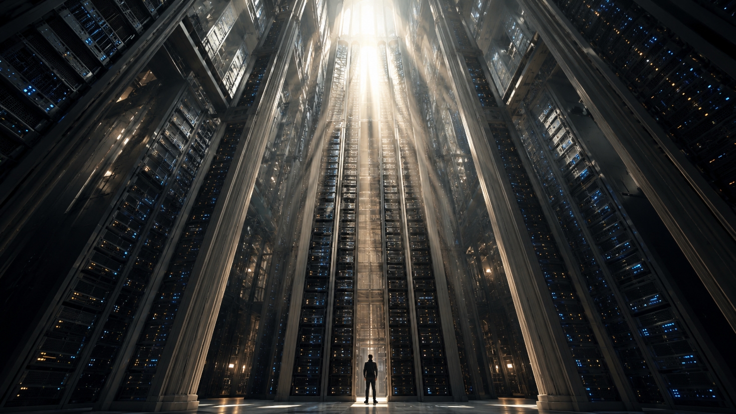 A solitary figure stands at the threshold of a vast, cathedral-scale data centre, dwarfed by towering server columns rising into a column of light at the apex — a visual reframe of the headroom that architectural efficiency creates rather than the brake some readers expect (Image generated by ChatGPT 5.4) A solitary figure stands at the threshold of a vast, cathedral-scale data centre, dwarfed by towering server columns rising into a column of light at the apex — a visual reframe of the headroom that architectural efficiency creates rather than the brake some readers expect (Image generated by ChatGPT 5.4)