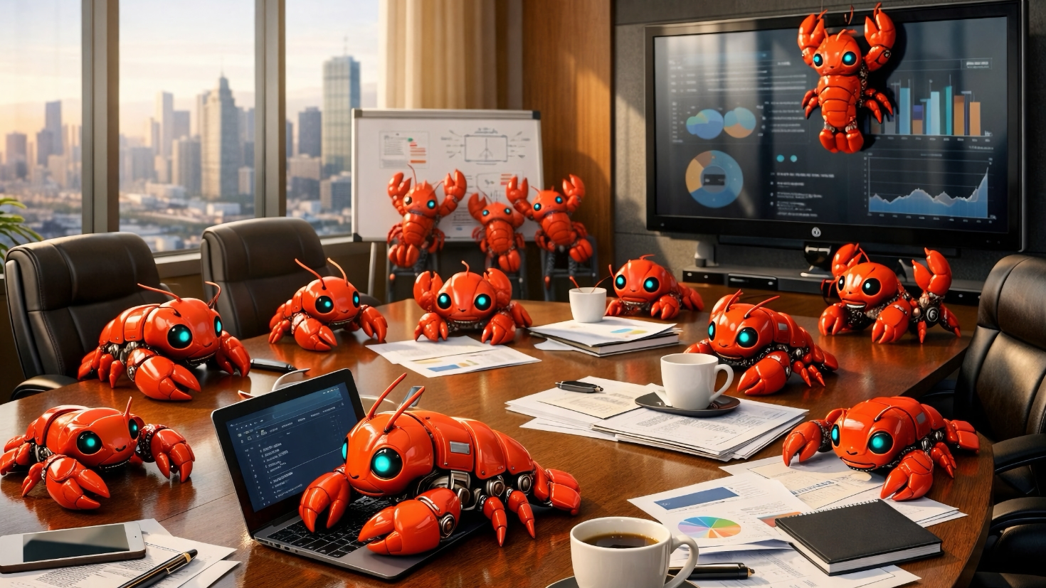 A corporate boardroom table overrun with small, friendly red robotic lobsters with glowing blue eyes, perched on laptops, documents, and coffee cups, with a city skyline visible through floor-to-ceiling windows and business charts displayed on a presentation screen (Image generated by ChatGPT 5.2) A corporate boardroom table overrun with small, friendly red robotic lobsters with glowing blue eyes, perched on laptops, documents, and coffee cups, with a city skyline visible through floor-to-ceiling windows and business charts displayed on a presentation screen (Image generated by ChatGPT 5.2)