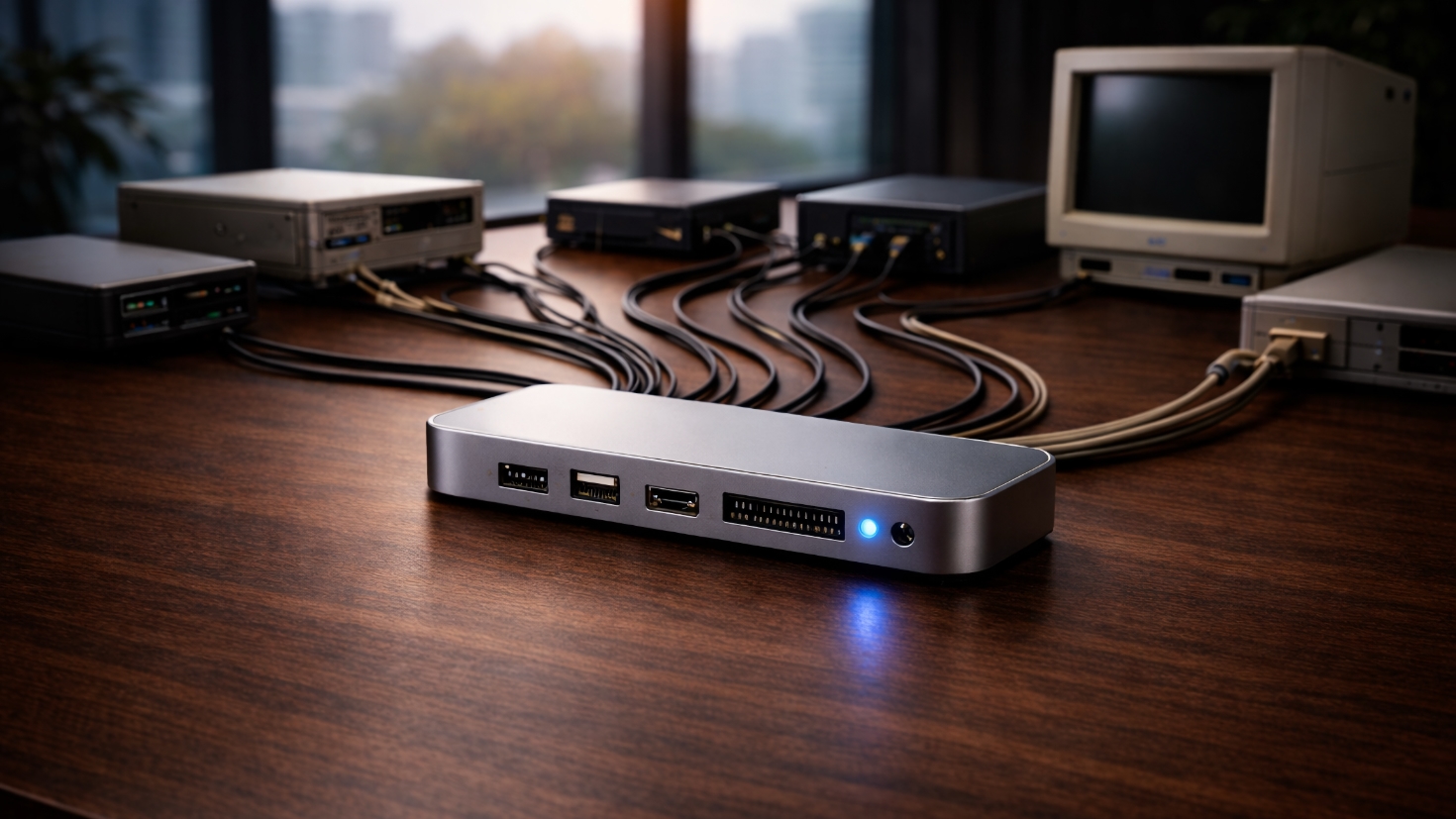 A sleek modern MCP hub on a dark walnut executive desk, with cables of different vintages connecting to surrounding legacy hardware including a CRT monitor, blue LED glowing on the hub. (Image generated by ChatGPT 5.2) A sleek modern MCP hub on a dark walnut executive desk, with cables of different vintages connecting to surrounding legacy hardware including a CRT monitor, blue LED glowing on the hub. (Image generated by ChatGPT 5.2)