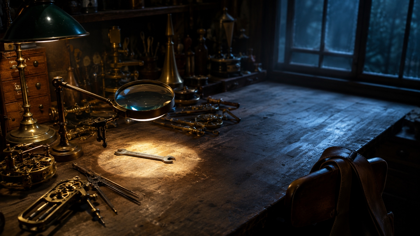 A cluttered Victorian workshop bench at night, lit warm on the left by a brass desk lamp that falls across a large magnifying glass held above the bench, its lens throwing a bright circle onto a scatter of small brass instruments and tools where a single plain steel spanner sits sharply in focus at the centre, the elaborate ornamented devices around it left soft and unexamined, while cool blue light from a tall window picks out an empty patch of bench where objects have been cleared away, a visual reframe of the discipline of examining work honestly before choosing a tool, where the simplest instrument is often the right one and some work is best set aside altogether (Image generated by ChatGPT 5.5) A cluttered Victorian workshop bench at night, lit warm on the left by a brass desk lamp that falls across a large magnifying glass held above the bench, its lens throwing a bright circle onto a scatter of small brass instruments and tools where a single plain steel spanner sits sharply in focus at the centre, the elaborate ornamented devices around it left soft and unexamined, while cool blue light from a tall window picks out an empty patch of bench where objects have been cleared away, a visual reframe of the discipline of examining work honestly before choosing a tool, where the simplest instrument is often the right one and some work is best set aside altogether (Image generated by ChatGPT 5.5)