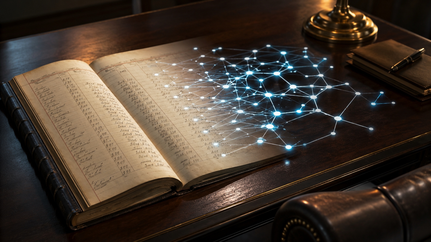 An open leather-bound accounting ledger on a dark polished desk in warm lamplight, its hand-ruled columns of figures dissolving at the right-hand edge into a glowing blue three-dimensional network of connected nodes that hovers above the desk surface, a visual reframe of the same information shifting from a flat record to be read into an explicit structure that can be traversed and reasoned over (Image generated by ChatGPT 5.4) An open leather-bound accounting ledger on a dark polished desk in warm lamplight, its hand-ruled columns of figures dissolving at the right-hand edge into a glowing blue three-dimensional network of connected nodes that hovers above the desk surface, a visual reframe of the same information shifting from a flat record to be read into an explicit structure that can be traversed and reasoned over (Image generated by ChatGPT 5.4)