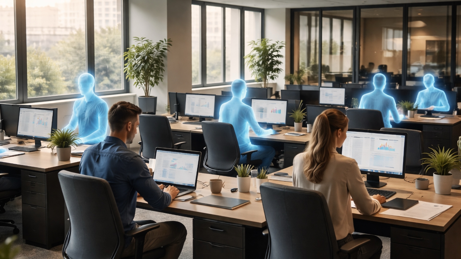 An open-plan office where several desks are occupied by translucent blue silhouettes representing portable personal AI capability, while one or two real people work at other desks — visualising the talent bifurcation between those who own augmented capability infrastructure and those who don't (Image generated by ChatGPT 5.2) An open-plan office where several desks are occupied by translucent blue silhouettes representing portable personal AI capability, while one or two real people work at other desks — visualising the talent bifurcation between those who own augmented capability infrastructure and those who don't (Image generated by ChatGPT 5.2)