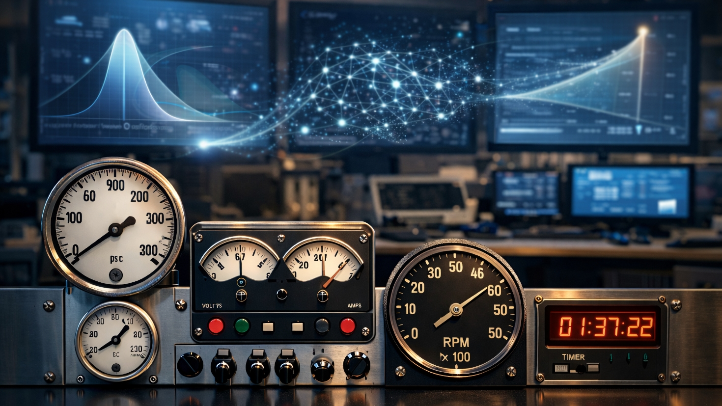 Precision analogue gauges and industrial instruments including pressure dials, voltmeter, RPM gauge and digital timer arranged on a steel workstation, with neural network visualisations and probability distribution curves floating between monitoring displays in a control room background (Image generated by ChatGPT) Precision analogue gauges and industrial instruments including pressure dials, voltmeter, RPM gauge and digital timer arranged on a steel workstation, with neural network visualisations and probability distribution curves floating between monitoring displays in a control room background (Image generated by ChatGPT)