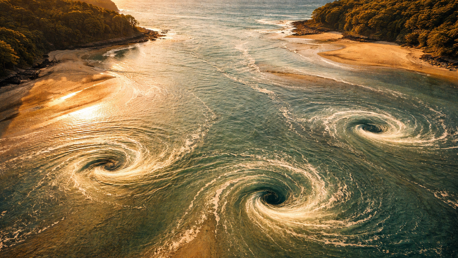 Aerial view of three large tidal whirlpools swirling in a warm golden coastal bay at sunset, surrounded by tree-lined shores and sandy beaches, representing the three self-reinforcing loops — data, talent, and process redesign — that compound the AI advantage gap over time (Image generated by ChatGPT 5.2) Aerial view of three large tidal whirlpools swirling in a warm golden coastal bay at sunset, surrounded by tree-lined shores and sandy beaches, representing the three self-reinforcing loops — data, talent, and process redesign — that compound the AI advantage gap over time (Image generated by ChatGPT 5.2)