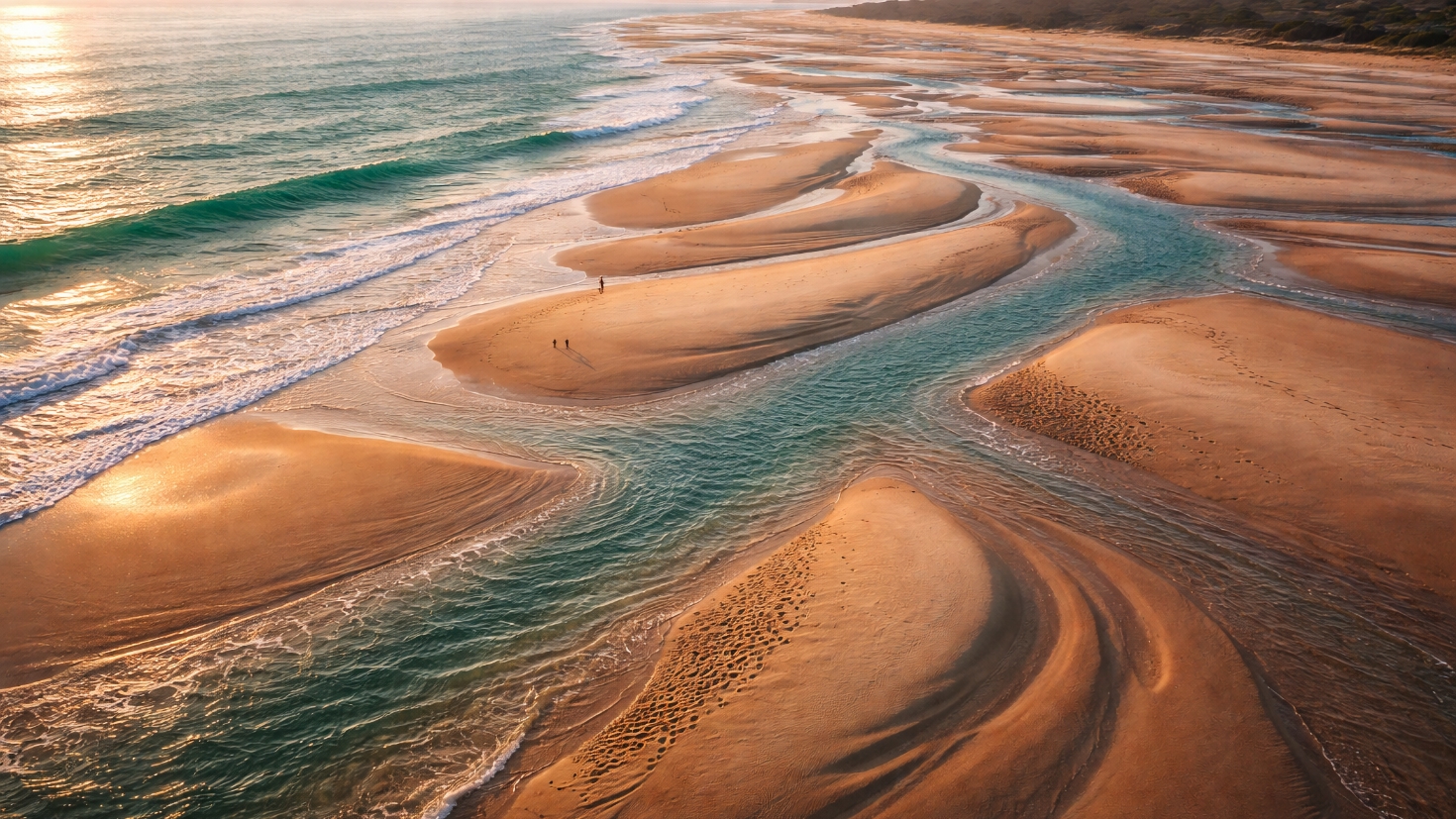 Aerial view of tidal sandbars at low tide with water channels carving new patterns through exposed sand, captured at golden hour to show shifting structure and continuous remaking of the coastline (Image generated by ChatGPT 5.2) Aerial view of tidal sandbars at low tide with water channels carving new patterns through exposed sand, captured at golden hour to show shifting structure and continuous remaking of the coastline (Image generated by ChatGPT 5.2)