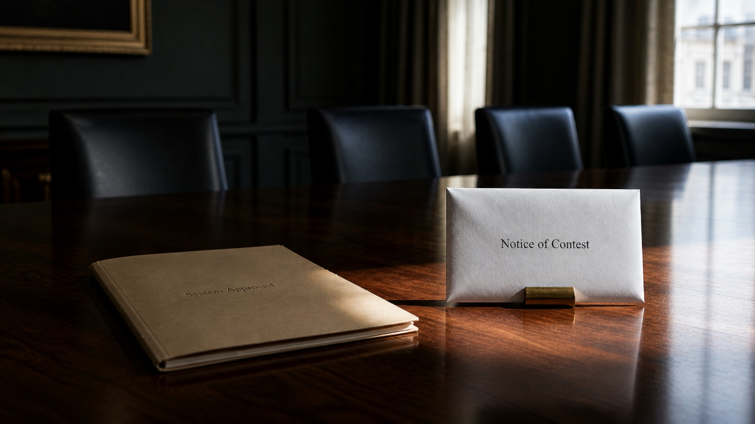 A polished walnut boardroom table photographed at eye level, with a tan folder embossed 'System Approved' resting flat on the left and a white envelope marked 'Notice of Contest' standing upright in a brass holder on the right. Empty leather chairs line the far side of the table; cold morning light falls through tall windows behind, illuminating the envelope sharply (Image generated by ChatGPT 5) A polished walnut boardroom table photographed at eye level, with a tan folder embossed 'System Approved' resting flat on the left and a white envelope marked 'Notice of Contest' standing upright in a brass holder on the right. Empty leather chairs line the far side of the table; cold morning light falls through tall windows behind, illuminating the envelope sharply (Image generated by ChatGPT 5)