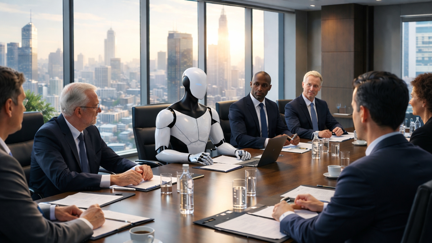 A sleek white humanoid robot sits among business executives in suits around a polished boardroom table, with documents and laptops before them and a city skyline bathed in golden sunrise light visible through floor-to-ceiling windows, symbolising AI's transition from experimental technology to strategic infrastructure with a seat at the Board table. (Image generated by ChatGPT 5.2) A sleek white humanoid robot sits among business executives in suits around a polished boardroom table, with documents and laptops before them and a city skyline bathed in golden sunrise light visible through floor-to-ceiling windows, symbolising AI's transition from experimental technology to strategic infrastructure with a seat at the Board table. (Image generated by ChatGPT 5.2)